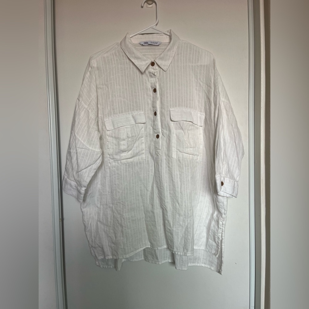 ZARA LINEN White SHIRT WITH collar and long sleeves pockets Size Large
